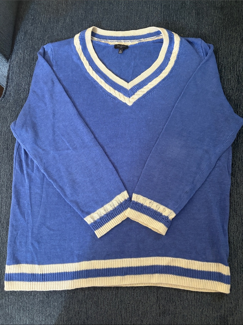 Talbots Royal Blue Linen V-Neck Sweater with Cream Trim